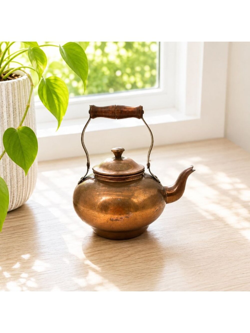 Vintage Copper Teapot With Wooden Handle Made In Portugal 8" Tall Rustic Patina